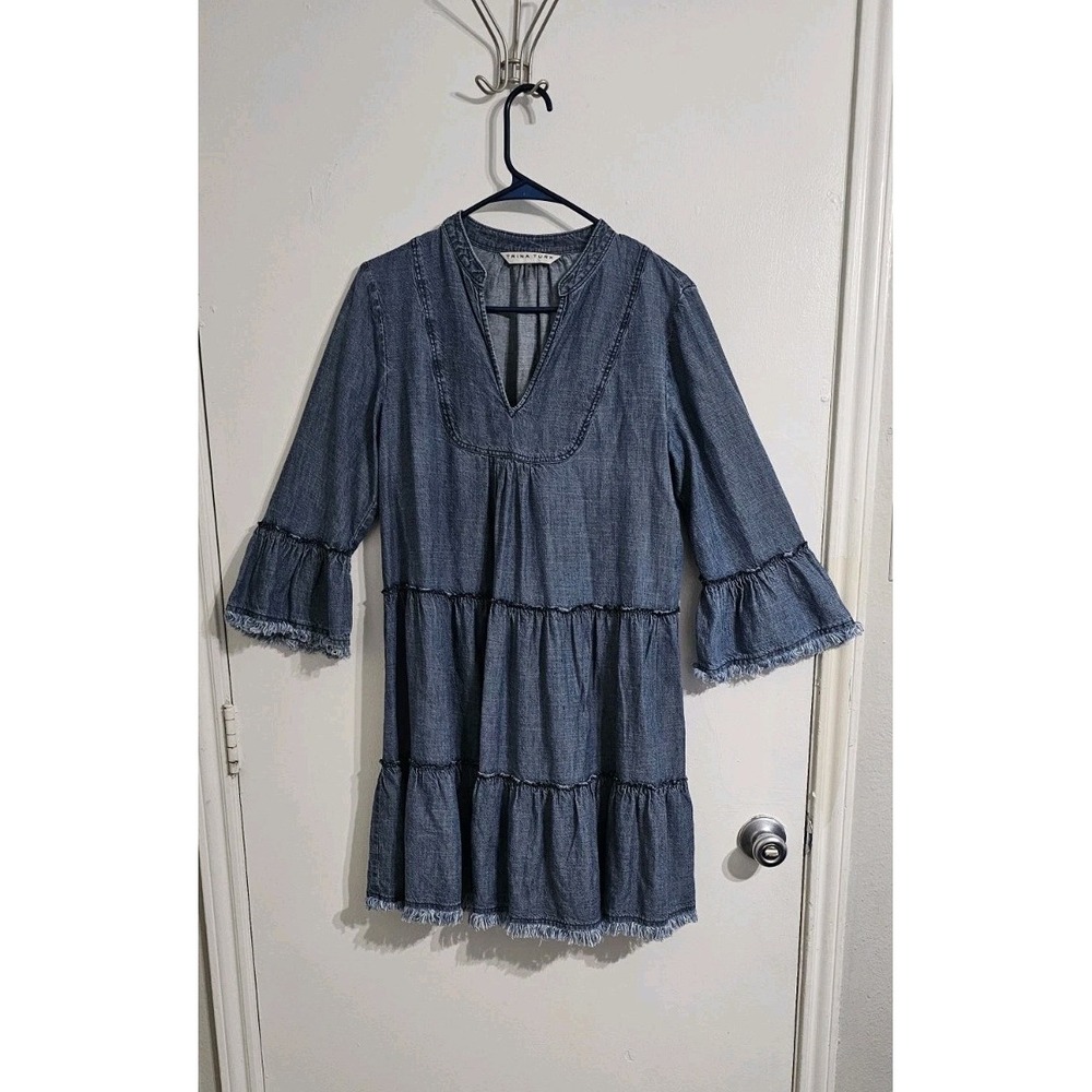 Trina Turk Womens Denim Chambray Layered Dress Size Medium Frayed Hem Boho Chic‎